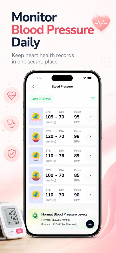 VitalSync blood pressure log with recent readings and normal level guidance