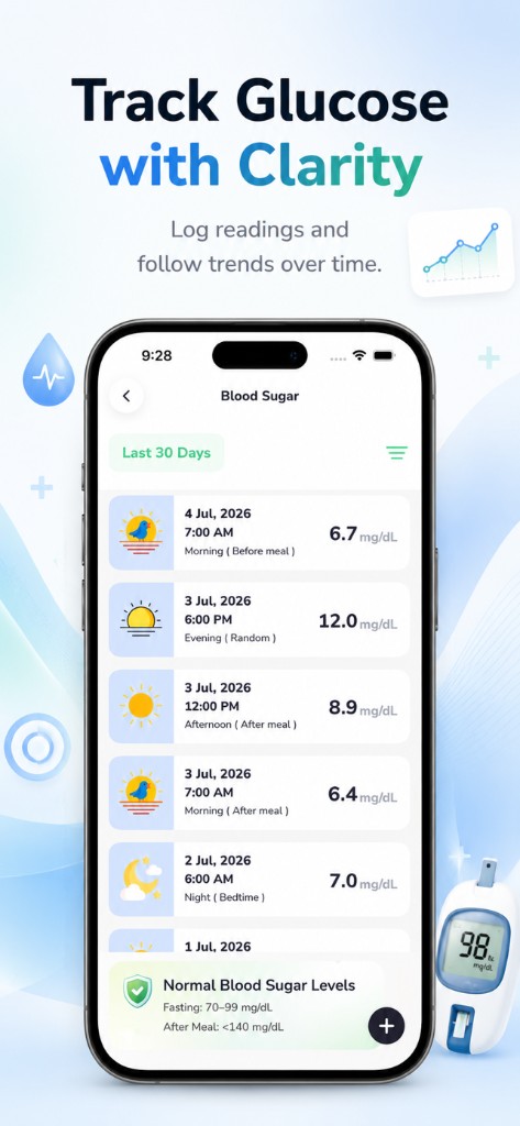 VitalSync blood sugar log with meal-timed glucose readings and reference ranges