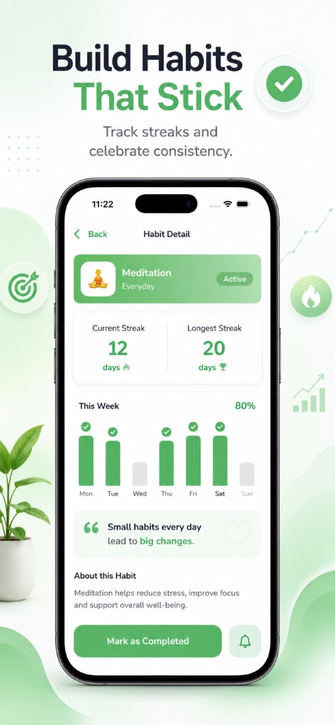 VitalSync habit detail for meditation with streaks and weekly progress