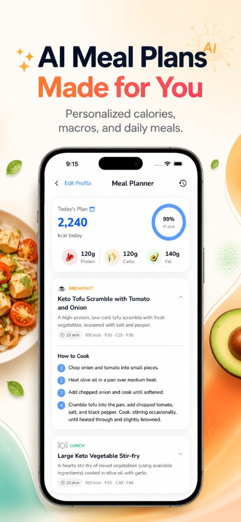 VitalSync AI meal planner with today's calories, macros, and recipe steps