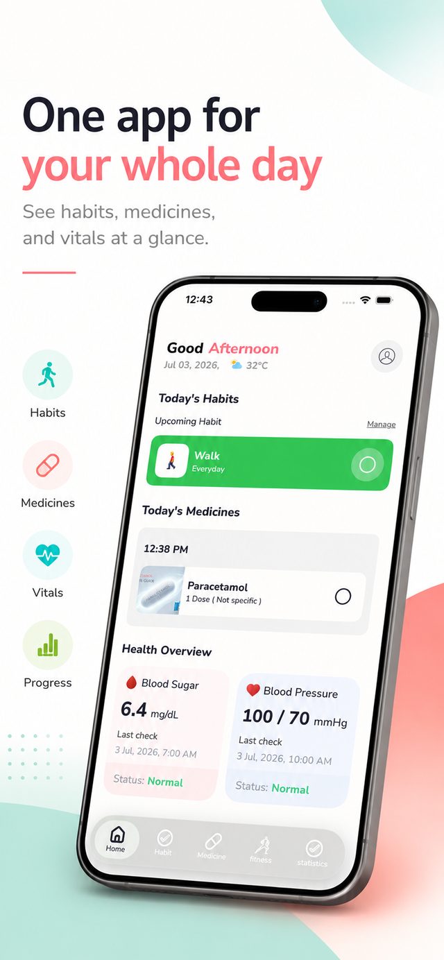 VitalSync home screen with today's habits, medicines, and a blood sugar and blood pressure overview