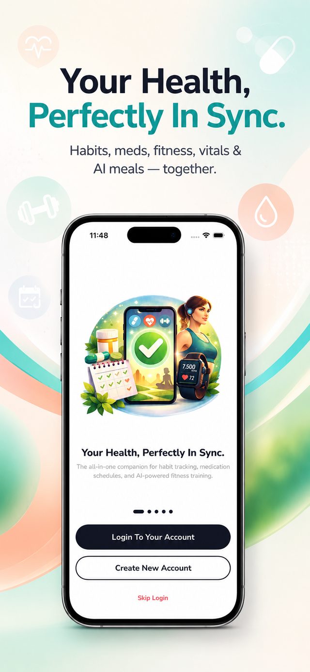 VitalSync onboarding screen reading Your Health, Perfectly In Sync