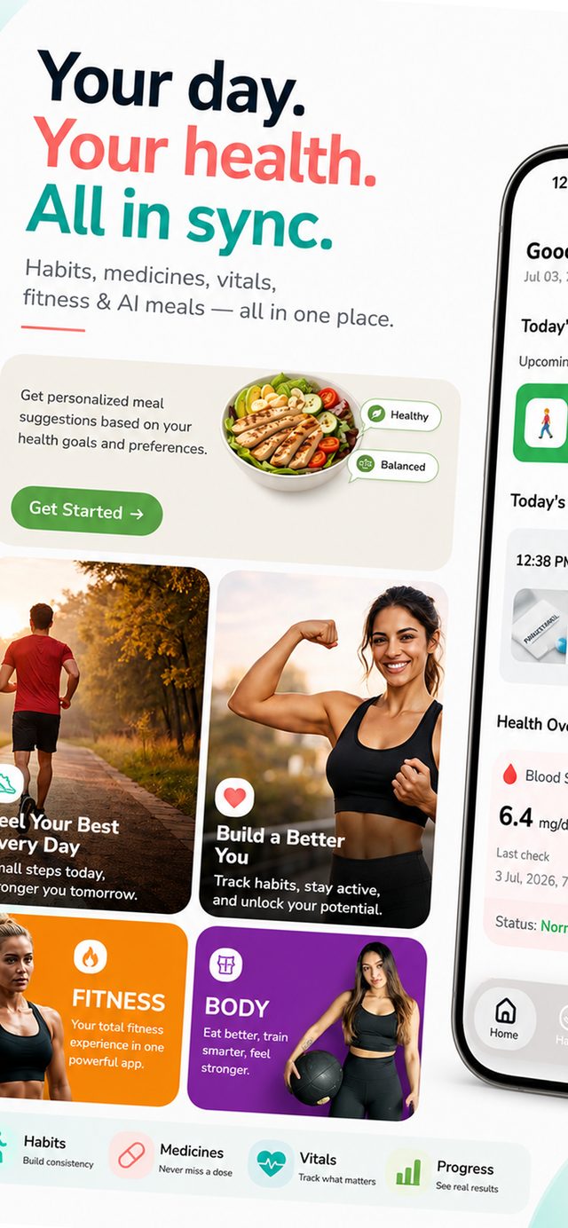 VitalSync feature overview covering AI meal plans, fitness, habits, medicines, vitals, and progress